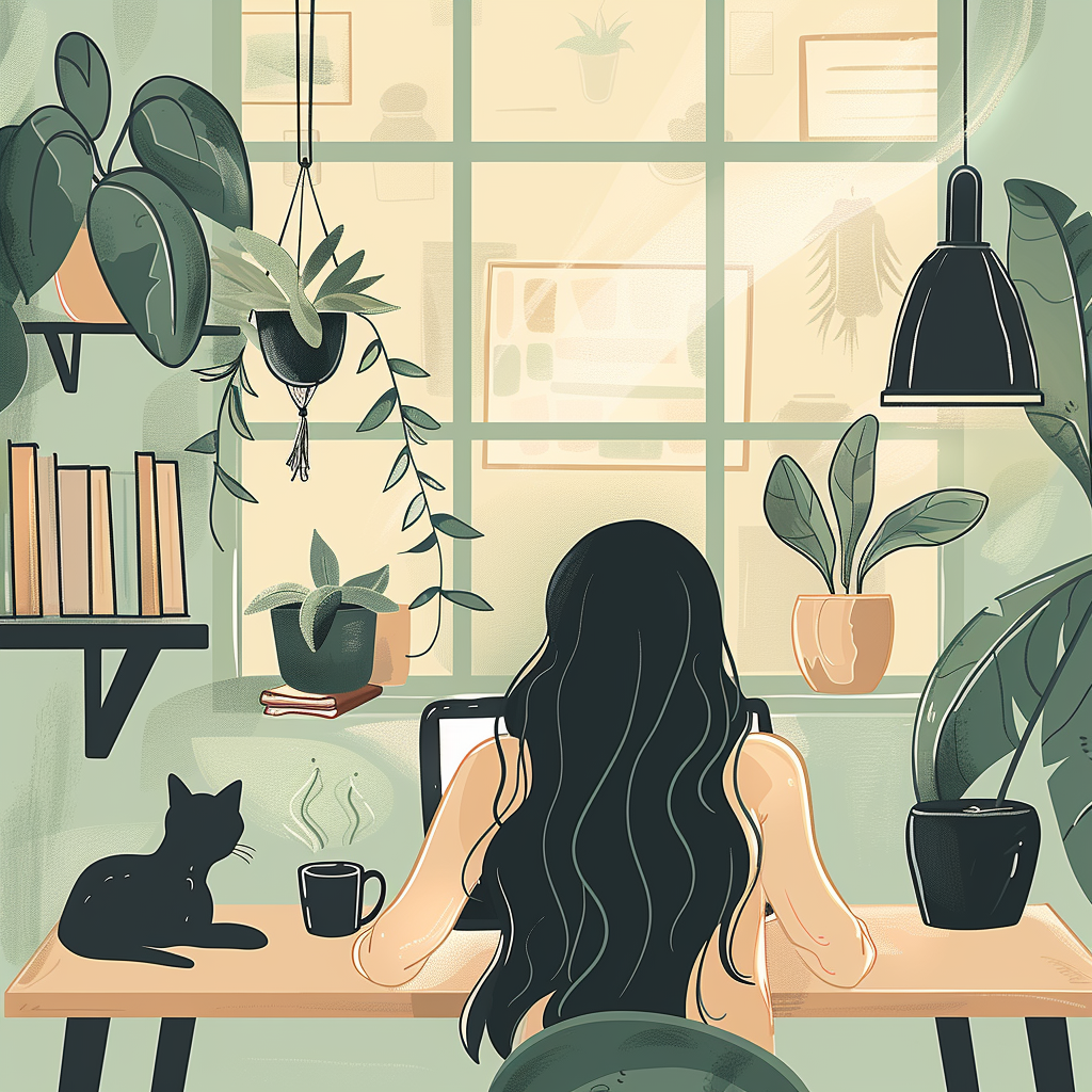 A woman with long dark hair types on her laptop at a cosy wooden desk while a black cat naps nearby. Soft natural light, indoor plants, and warm tones create a peaceful blogging space.