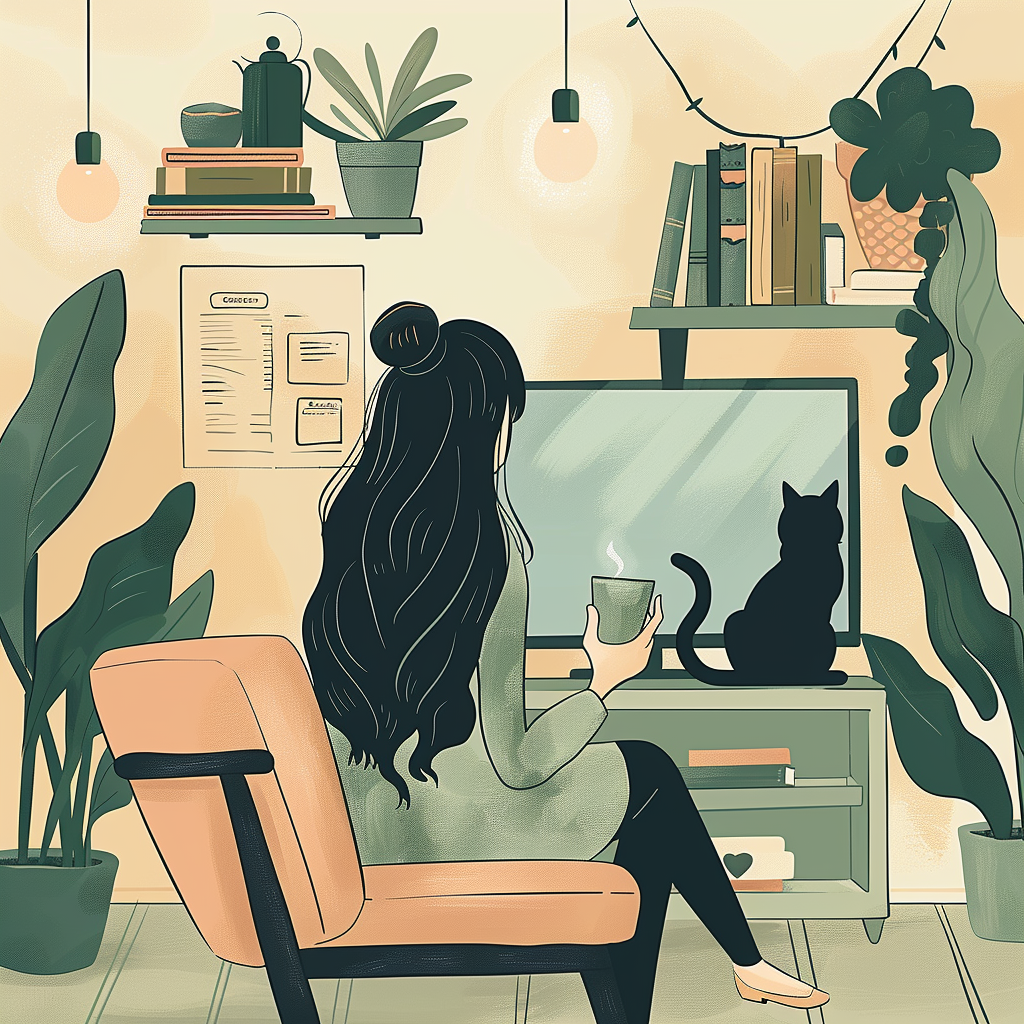 Illustration of a woman with long dark hair sitting in a cosy armchair with her black cat nearby, surrounded by books, indoor plants, and soft lighting in warm evening tones.