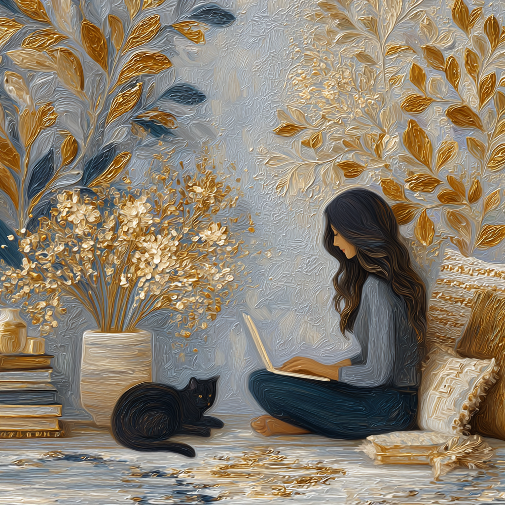 A cosy boho-style illustration of a woman with long dark hair blogging on her laptop with her black cat nearby. Soft colours, indoor plants, and warm textures create a serene atmosphere.
