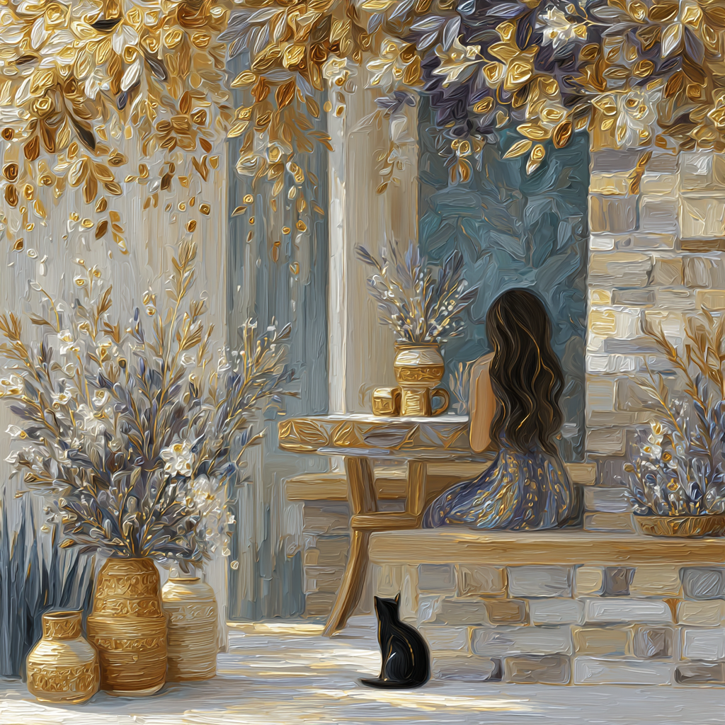 Illustrated woman with long dark hair blogging at a sunny table, cosy home scene with books, indoor plants, and a black cat beside her.