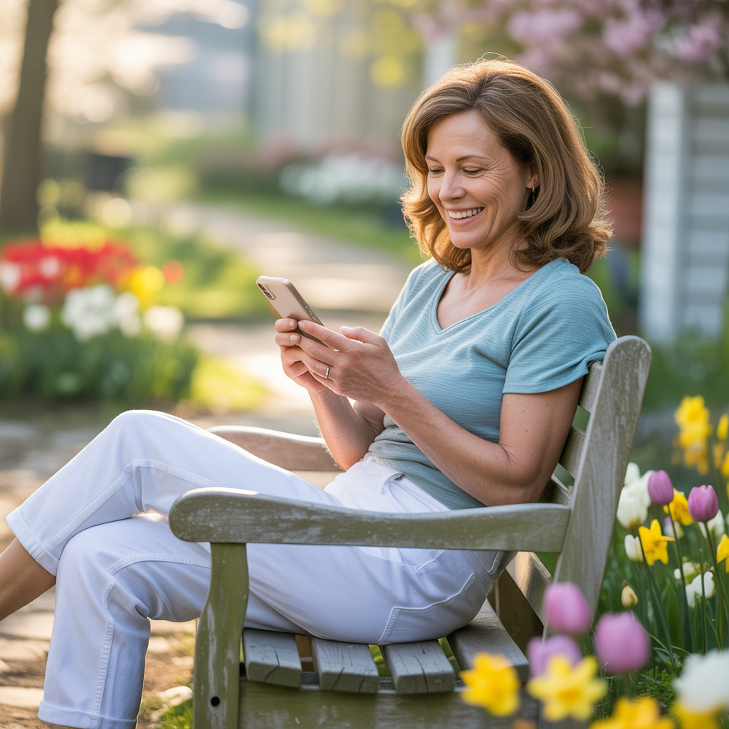 Woman on garden bench checking social media availability