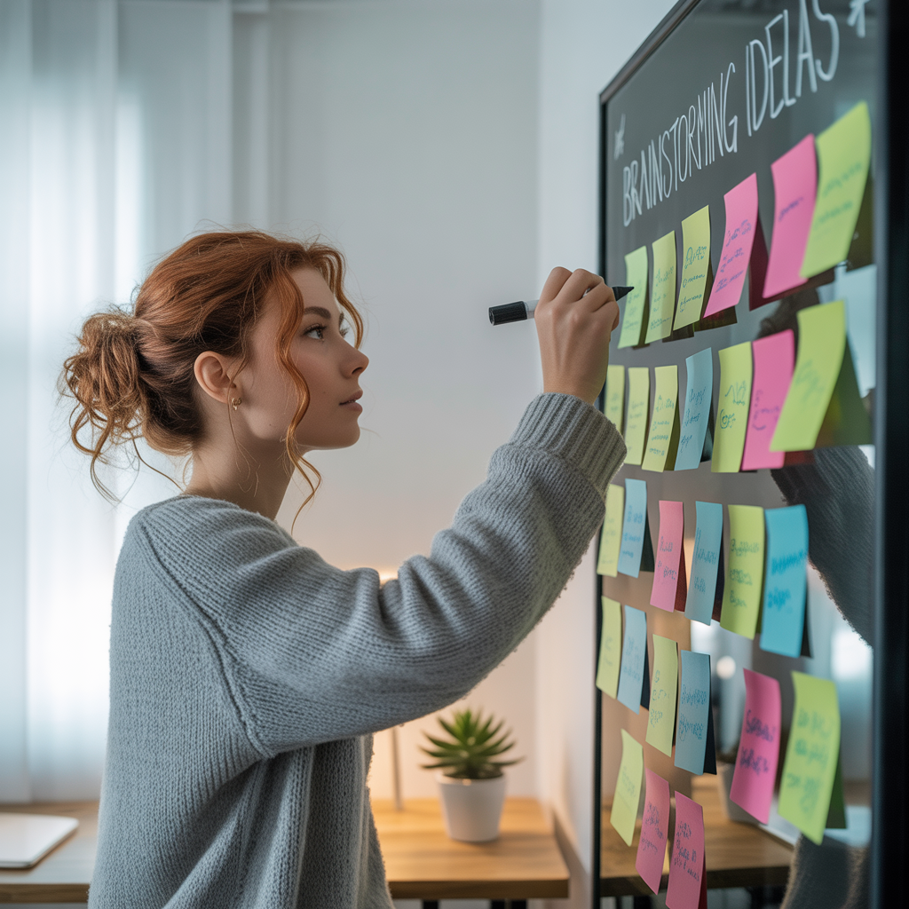 Colourful post-its with short domain names on a wall.