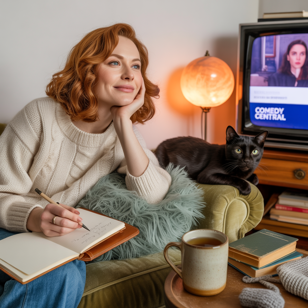Illustration of a woman jotting in her notebook while a black cat watches, surrounded by warm lamplight and cosy living room textures.