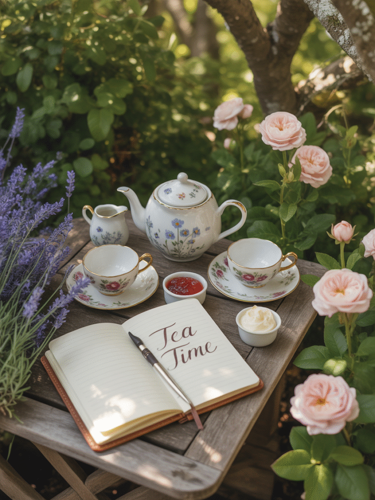 Garden table with tea, scones, and notebook under dappled summer light.