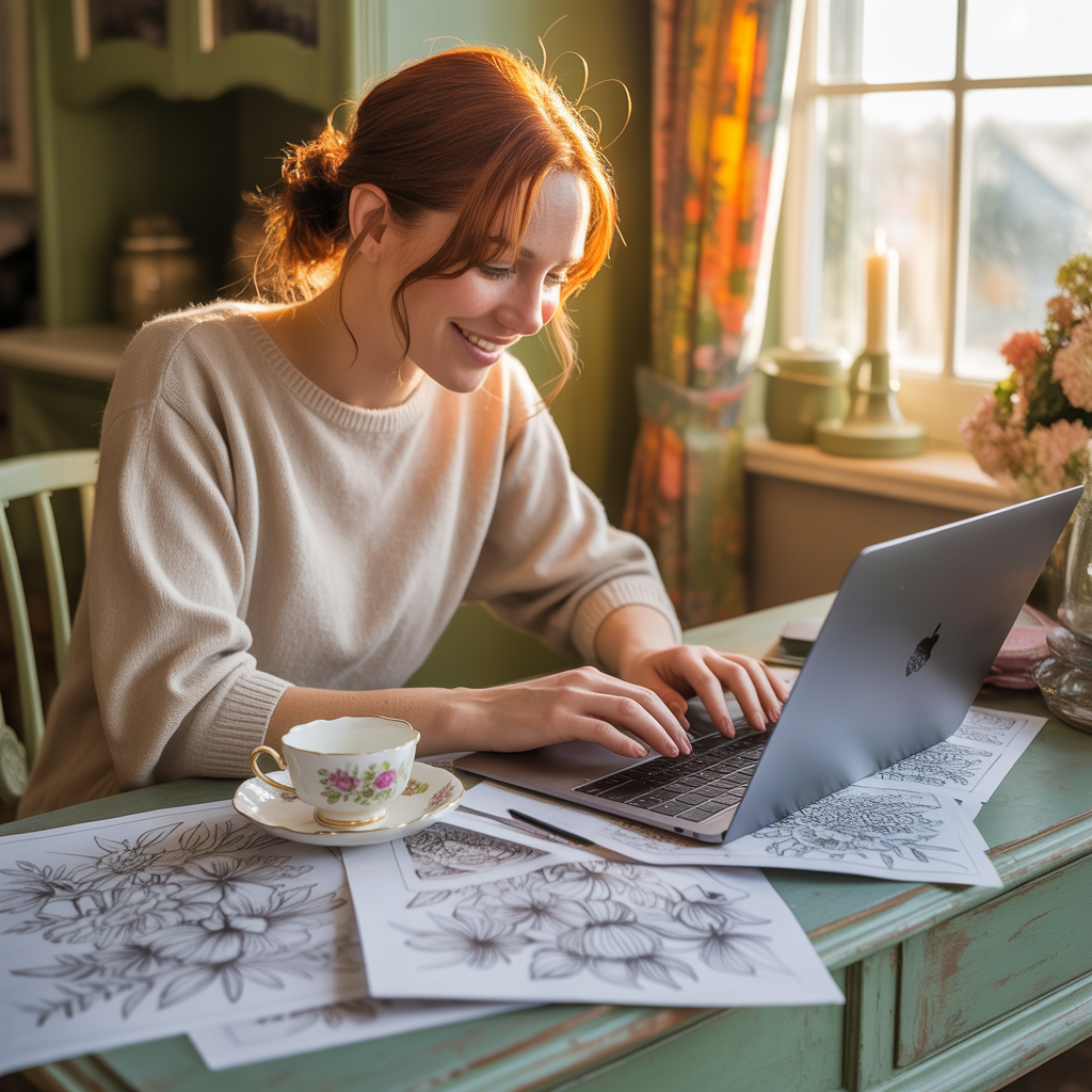 Woman viewing AI-generated coloring book designs on laptop screen in cozy home office with black cat