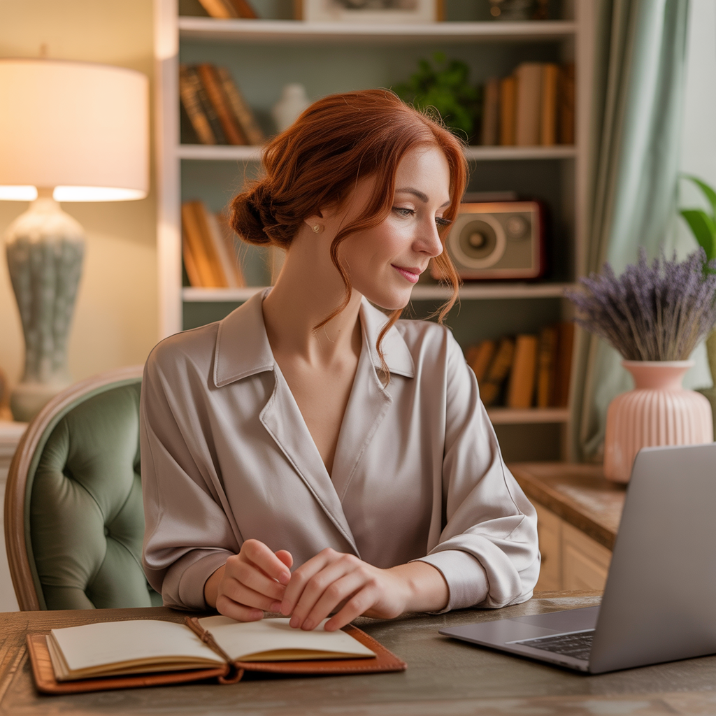 A peaceful home office with a laptop, notebook, and soft natural light casting shadows across a vintage desk in a cosy, muted-toned room.