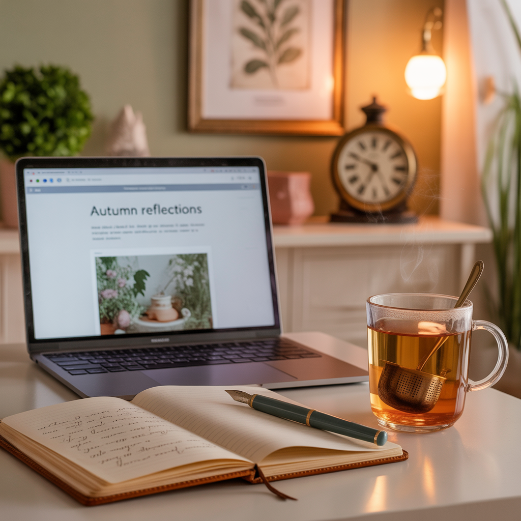 A softly lit writing desk with a laptop, open notebook, and a steaming mug of tea, in a warm and nostalgic setting.