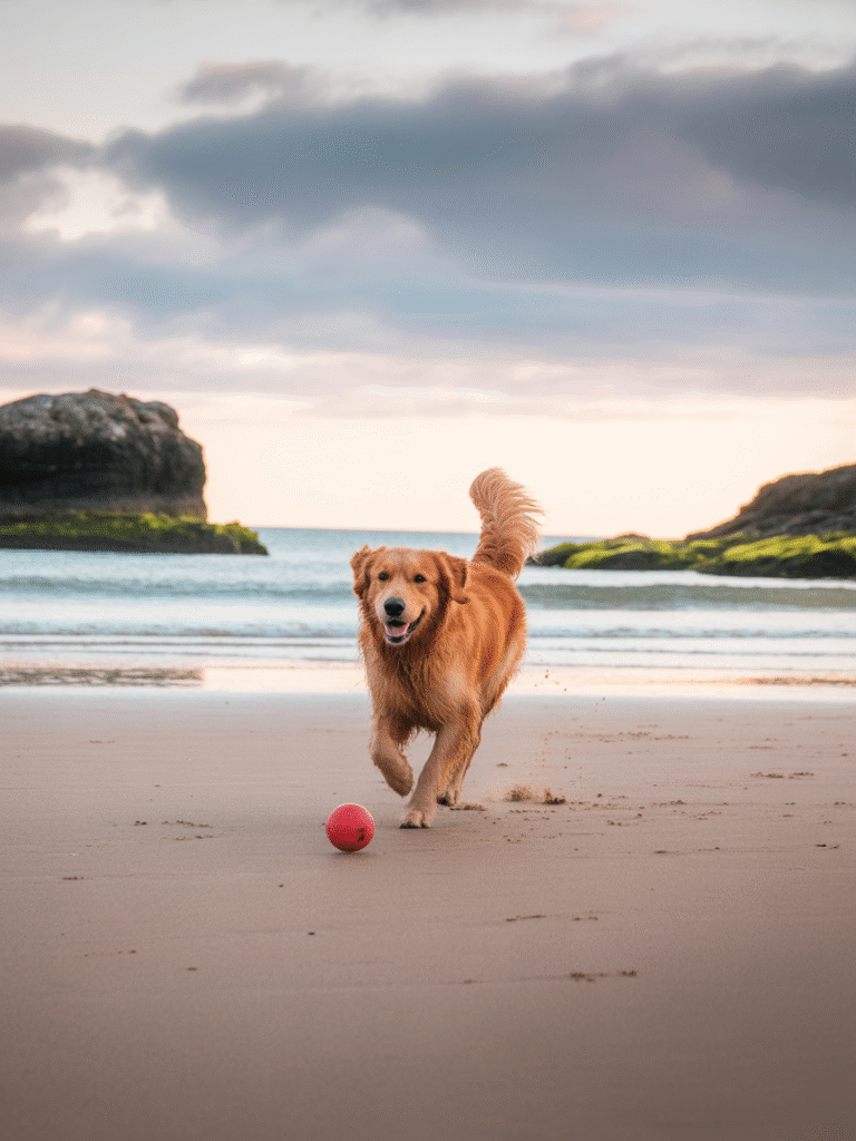Dog running on a UK beach with waves in the background.