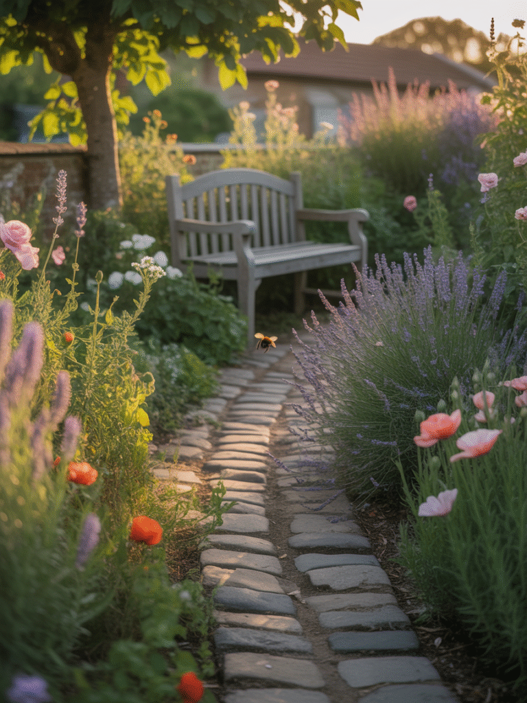 Lush English garden with colourful flowers and soft golden light.
