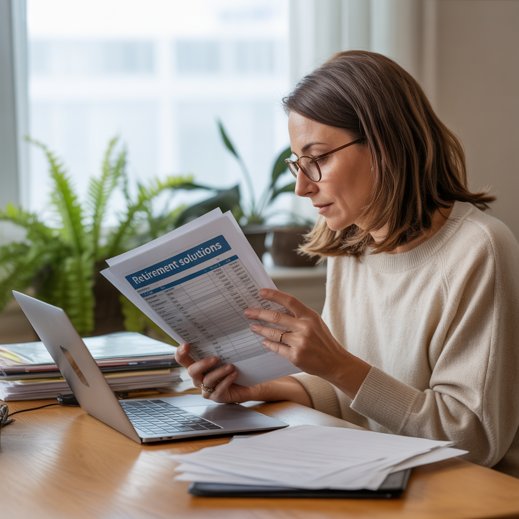 A woman at her desk browsing retirement planning tools on her laptop with notes and a cup of tea nearby.