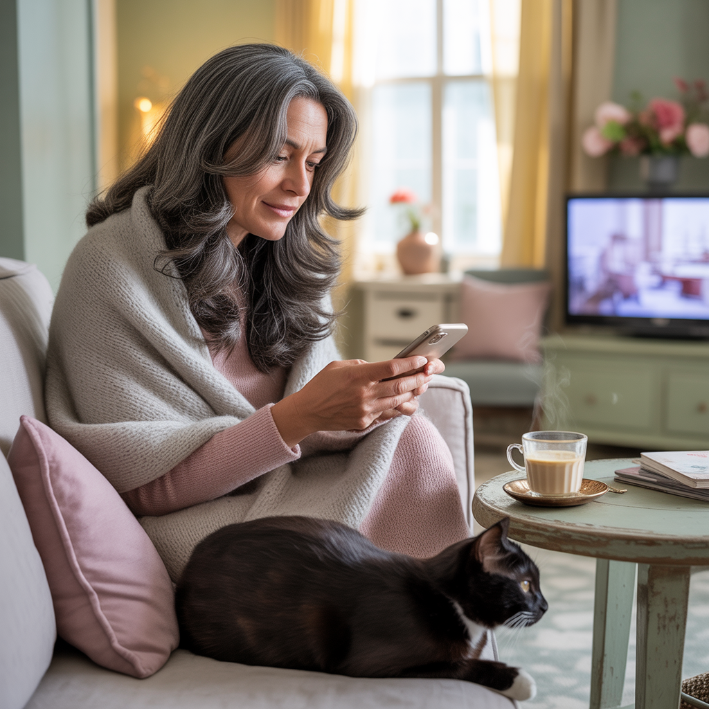 Middle-aged woman on a cosy sofa scrolling her phone during golden hour, with her black cat nearby and the TV glowing in the background