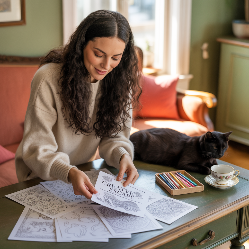 Woman organizing various themed coloring book pages on desk including animals and mandala designs with black cat nearby