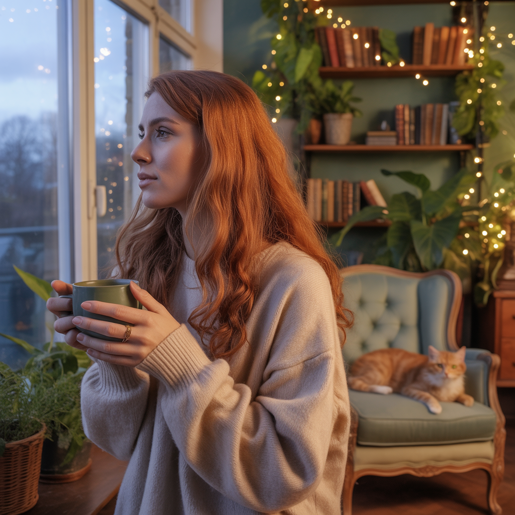 Evening scene of a woman looking out a window, holding a drink, with a calm, creative home atmosphere behind her.