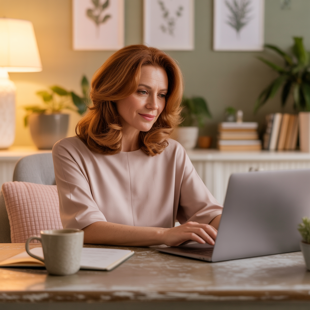 A woman in her 50s types at a small wooden desk in a cosy room with warm morning light, plants, and books around her.