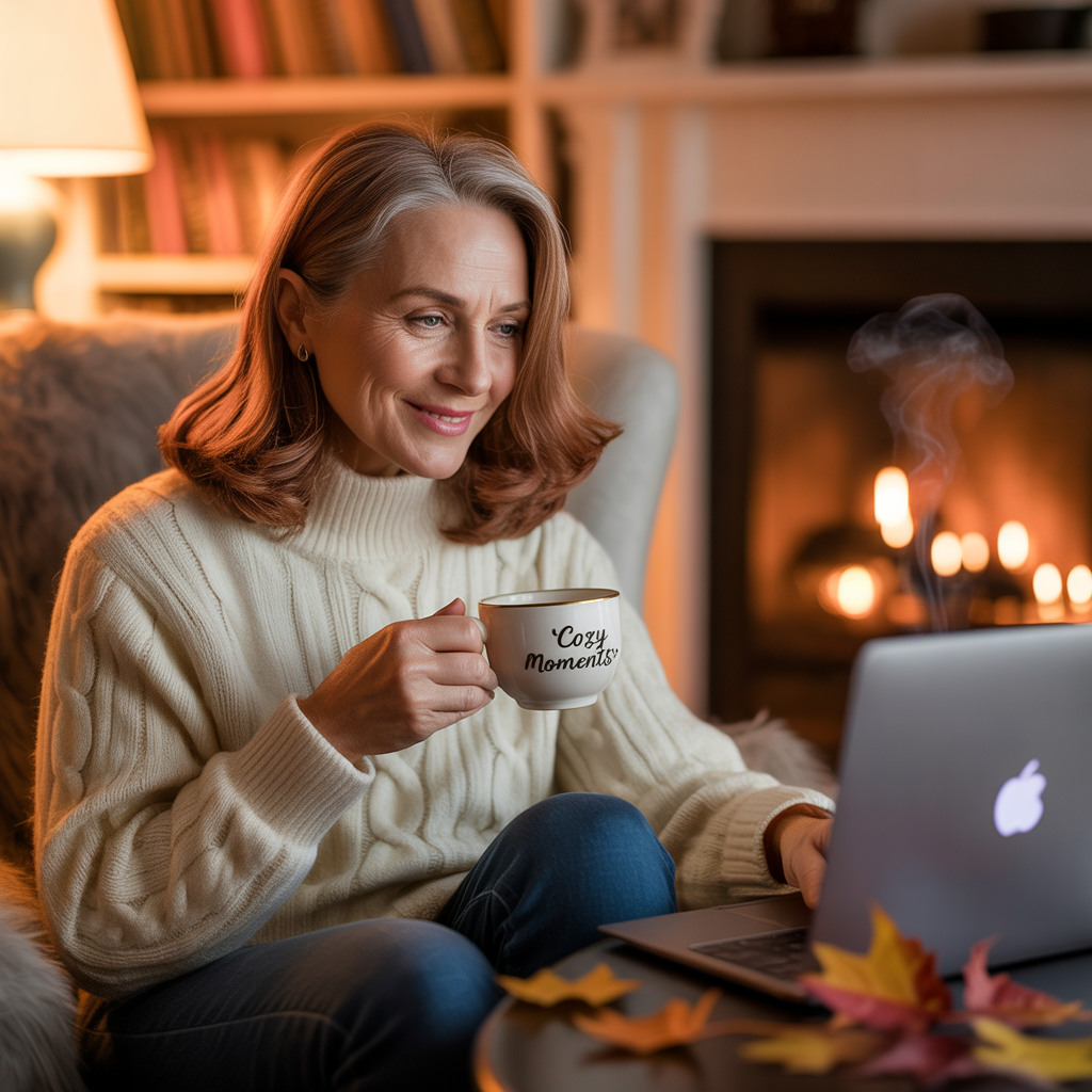 Woman choosing a domain name on her laptop with a cup of tea