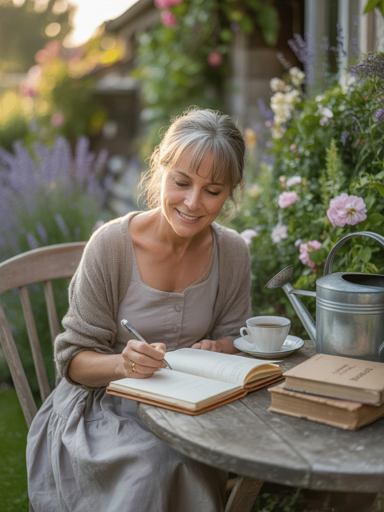 Mature woman writing blogging ideas in a notebook in her garden during golden hour.