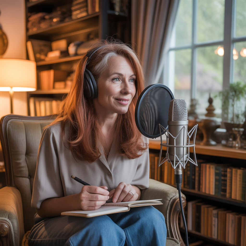 A woman with grey streaks in her hair recording a podcast at home. Retro mic, cosy room decor, natural light through the window. Mid-shot, warm, nostalgic tones.