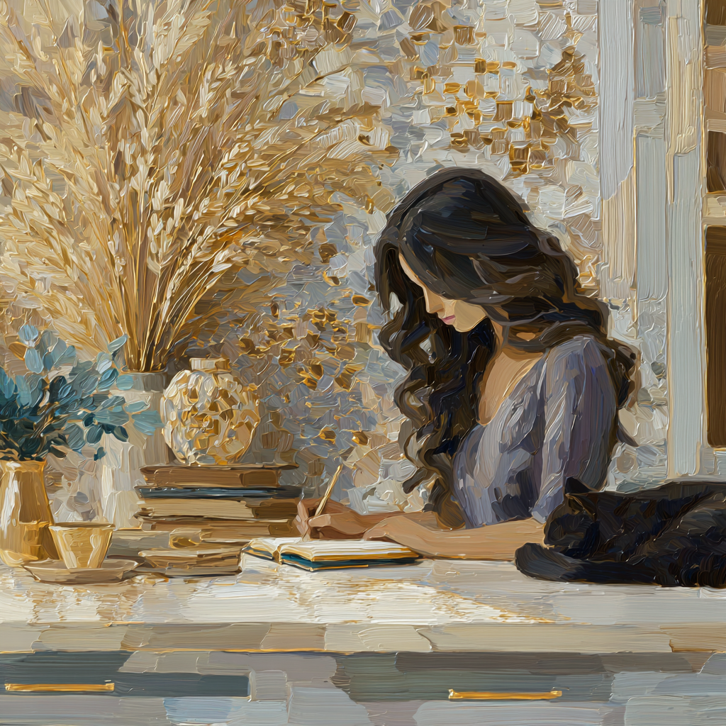 Woman writing domain name ideas at a sunny kitchen table with her black cat beside her.
