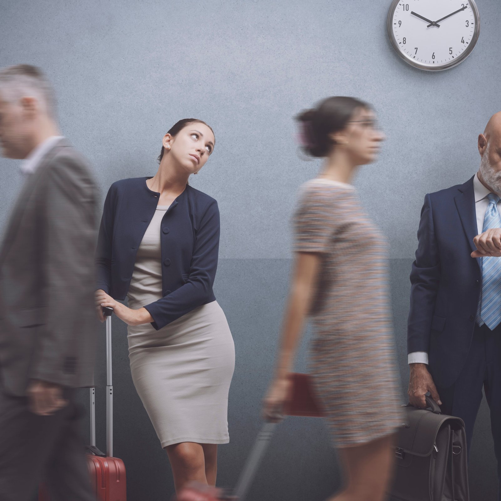 People waiting at the subway station, a woman is standing and holding her trolley bag, travel and transportation concept