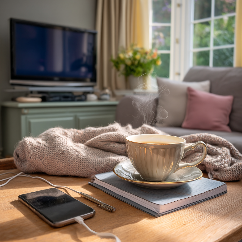 Cosy evening scene showing a sofa, notebook, and phone, creating a homely content creation setup.