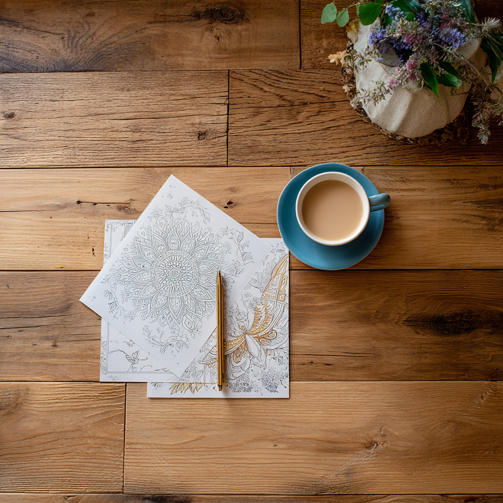 Flat lay of printable colouring pages on a wooden table with a cup of tea.