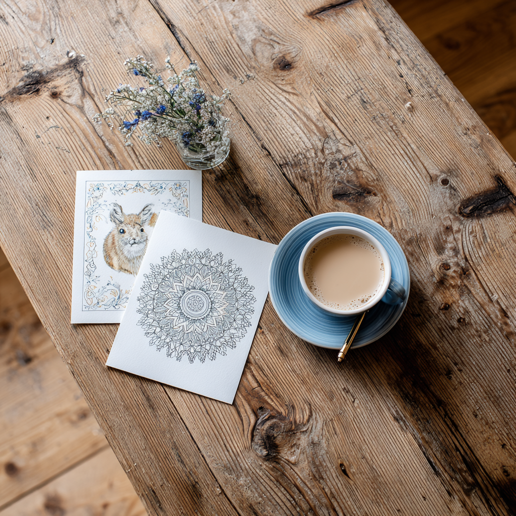 Flat lay of printable colouring pages on a wooden table with a cup of tea