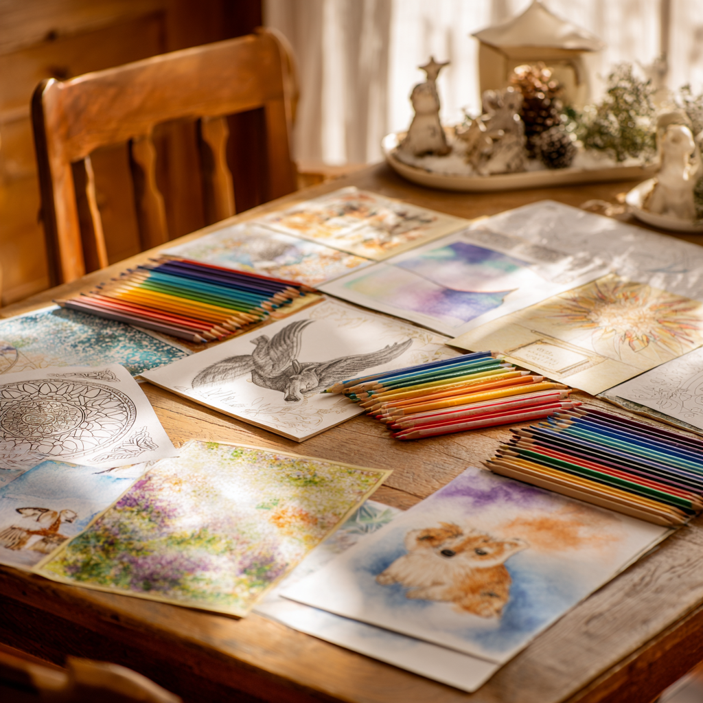 Colouring pages with various popular themes displayed on a table.