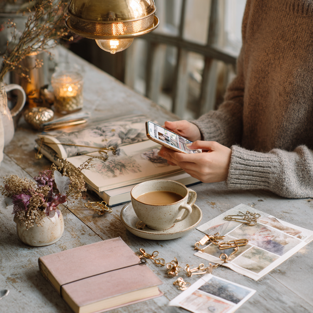 Close-up of a woman’s phone showing Pinterest, surrounded by creative clutter and warm lighting.