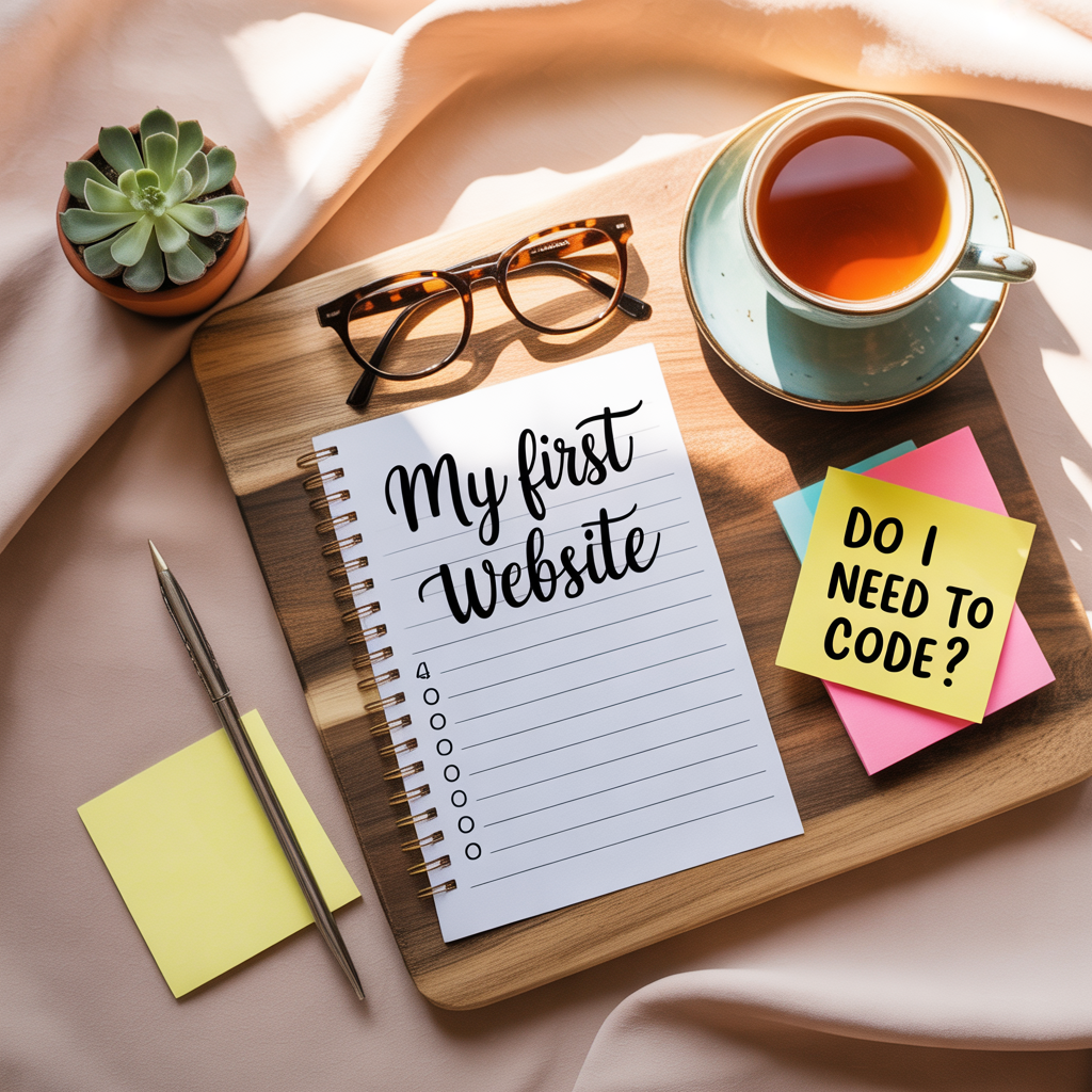 A cosy desk scene with a to-do list about launching a website, tea, notes, and reading glasses under soft warm lighting.
