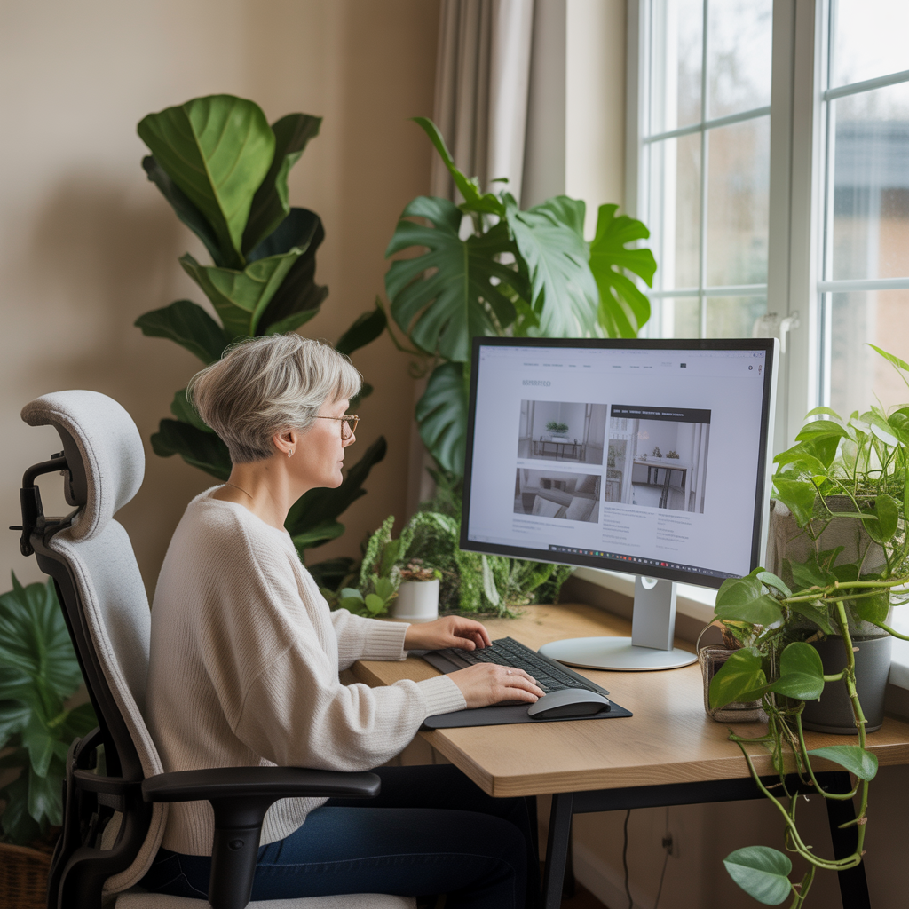 A woman adjusting a website on a desktop in a homely office filled with plants and soft light.