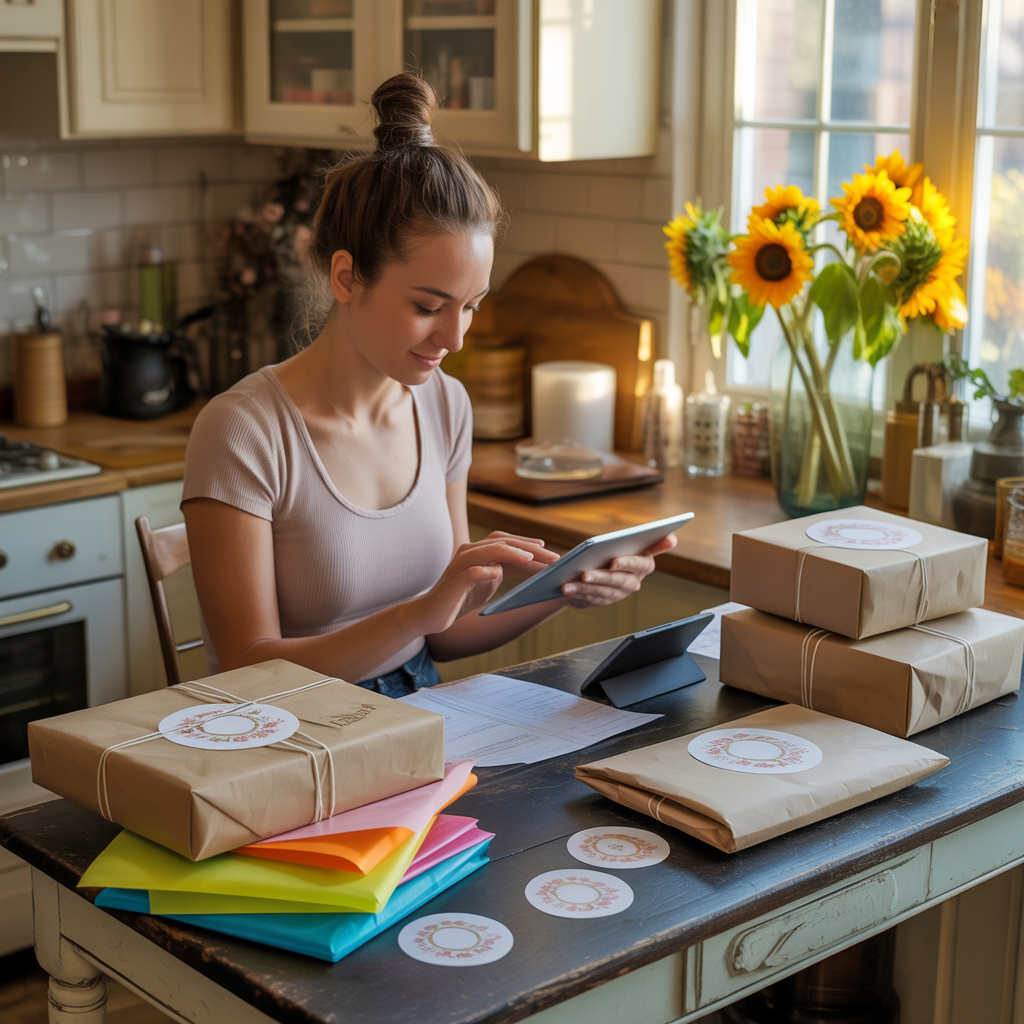 A woman checking Shopify orders with home-packaged parcels ready to ship on a sunlit table.