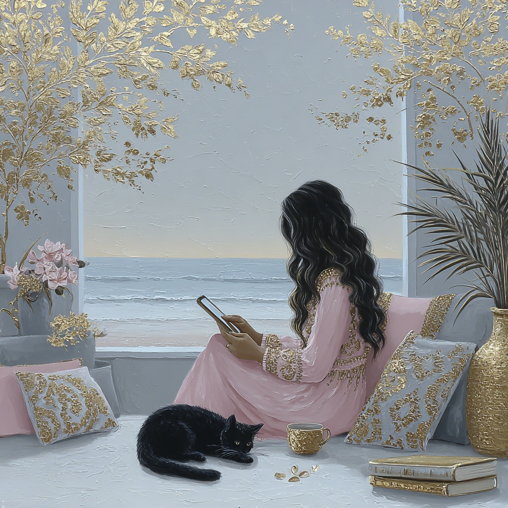 A cosy boho-style illustration of a woman with long dark hair reading on a tablet at home with a black cat curled beside her, surrounded by warm textures, plants, and books.