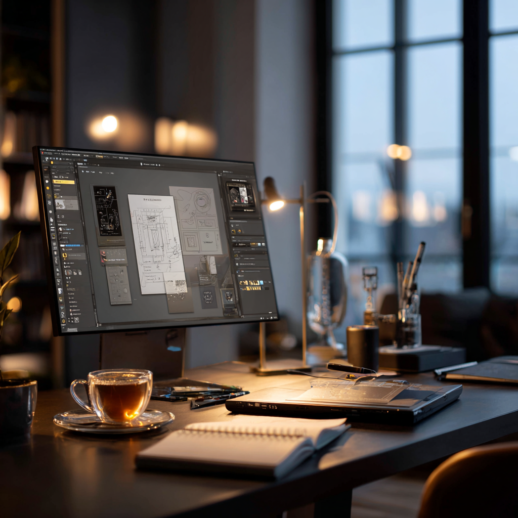 A stylish workspace showing wireframes and a design interface, ideal for a more technical user.