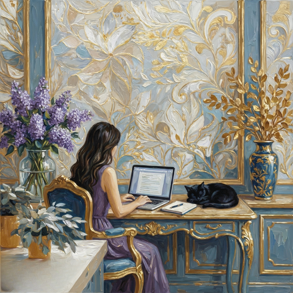 woman planning online income at home desk with laptop in warm natural lighting.