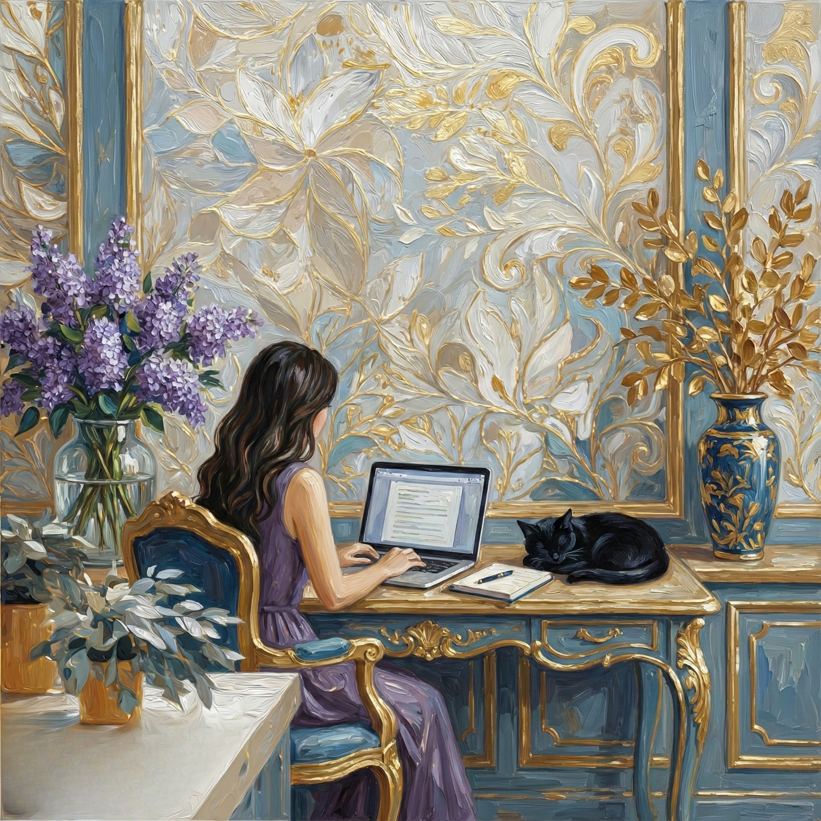 woman planning online income at home desk with laptop in warm natural lighting.