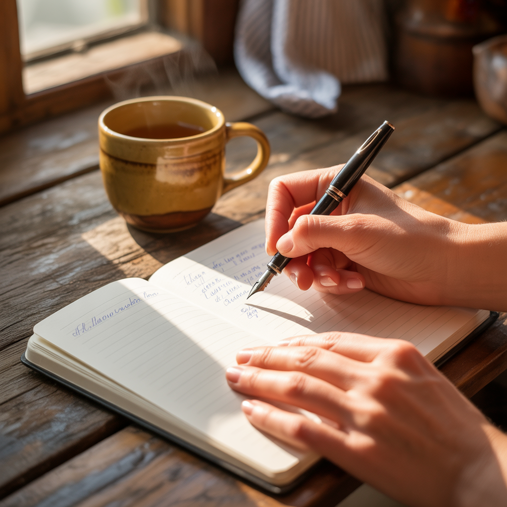 Hands writing planning notes in notebook with tea on wooden table.