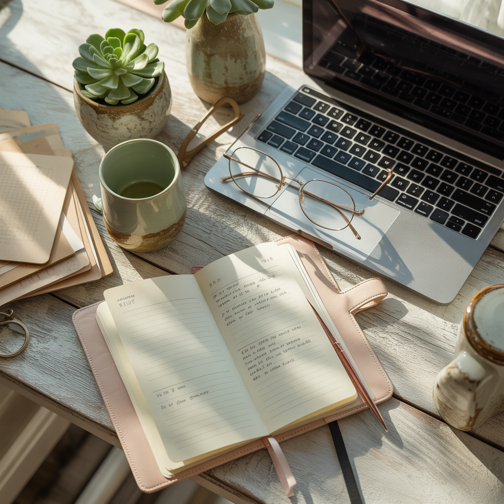 Organised desk workspace with laptop, planner, and coffee showing income planning setup.