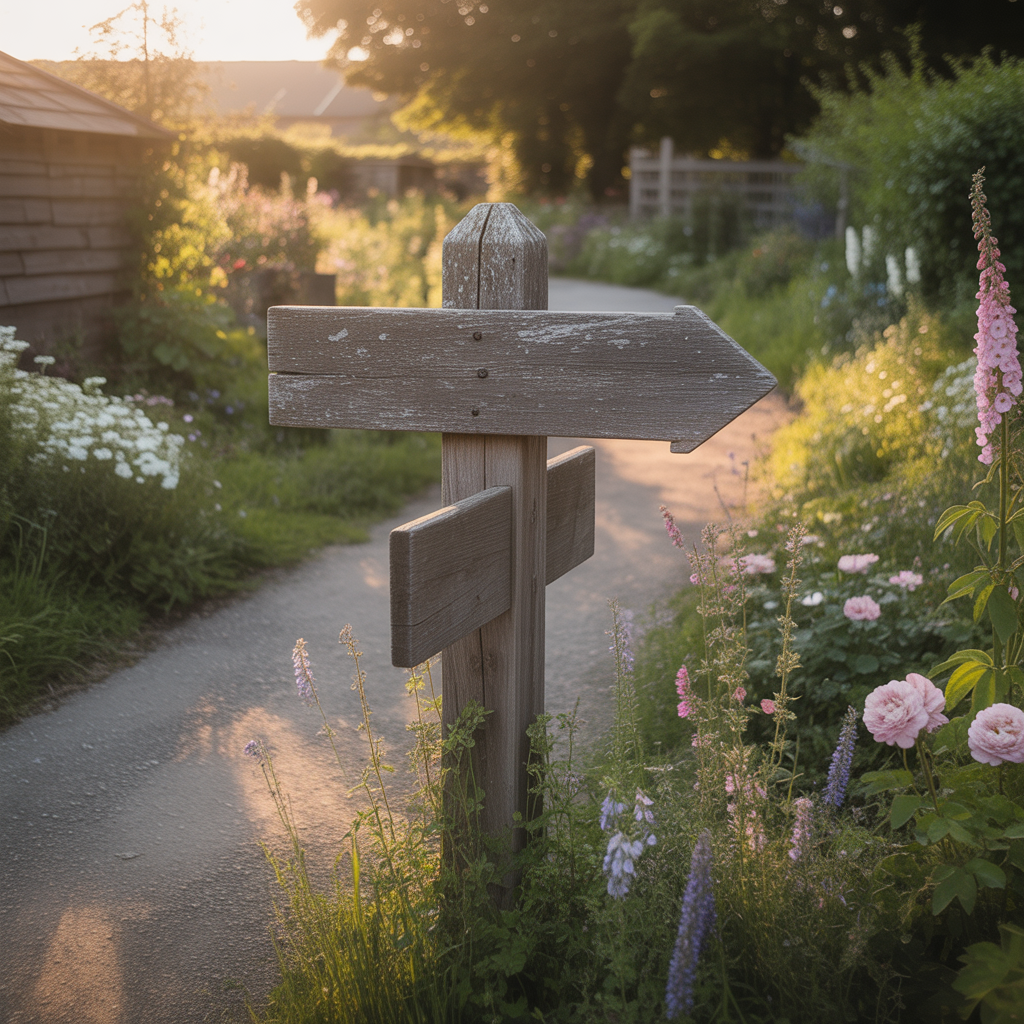Garden signpost showing single clear path forward in golden light.