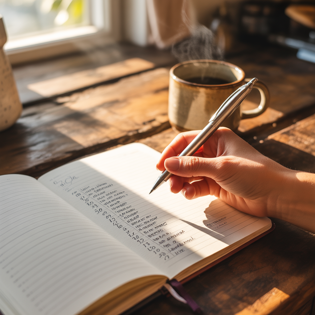 Hand writing income goals in journal at kitchen table in morning light.