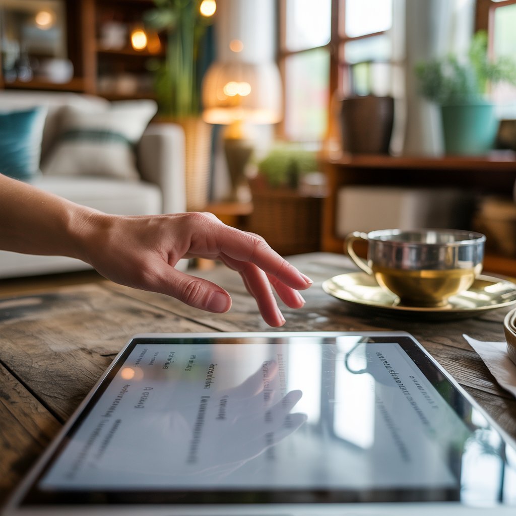 What to include on a website Hand navigating a simple website menu on a laptop in a warm cosy living room.
