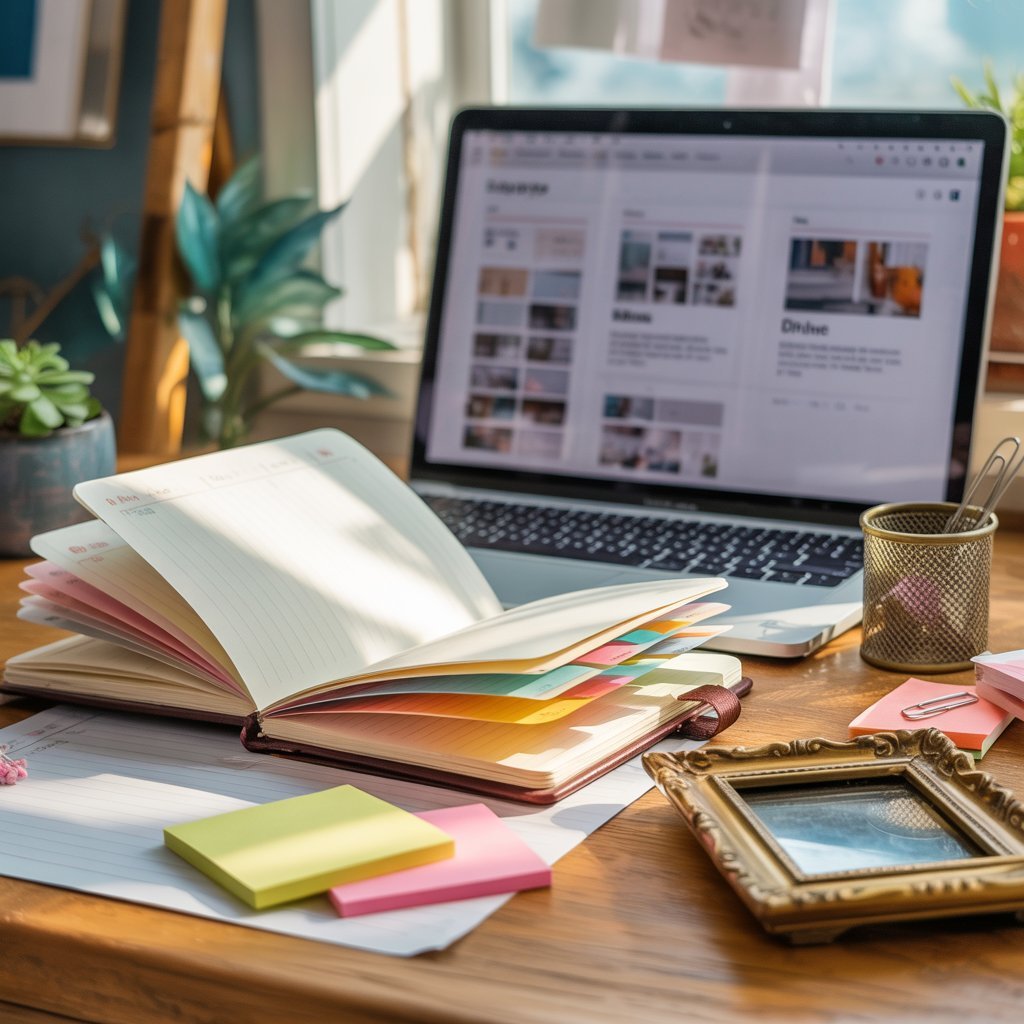 how to start a blog on your website Notebook and laptop used to organise blog categories and tags on a home desk.