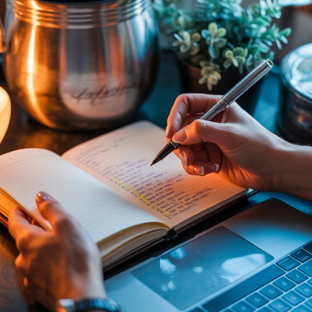 SEO for beginners Hands marking keyword ideas in a notebook beside a laptop on a cosy desk.