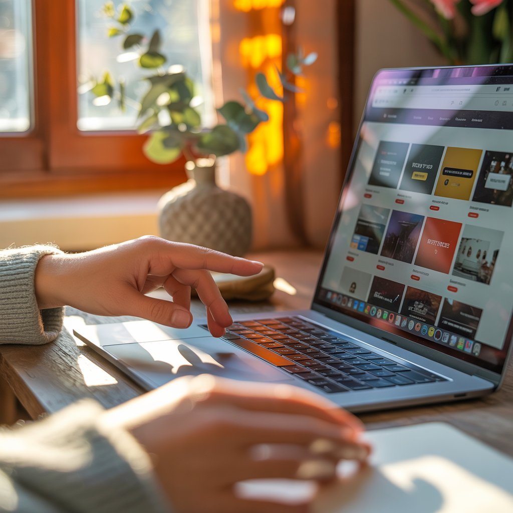 build a website without a designer Close up of hands choosing a website template on a laptop in warm cosy light.