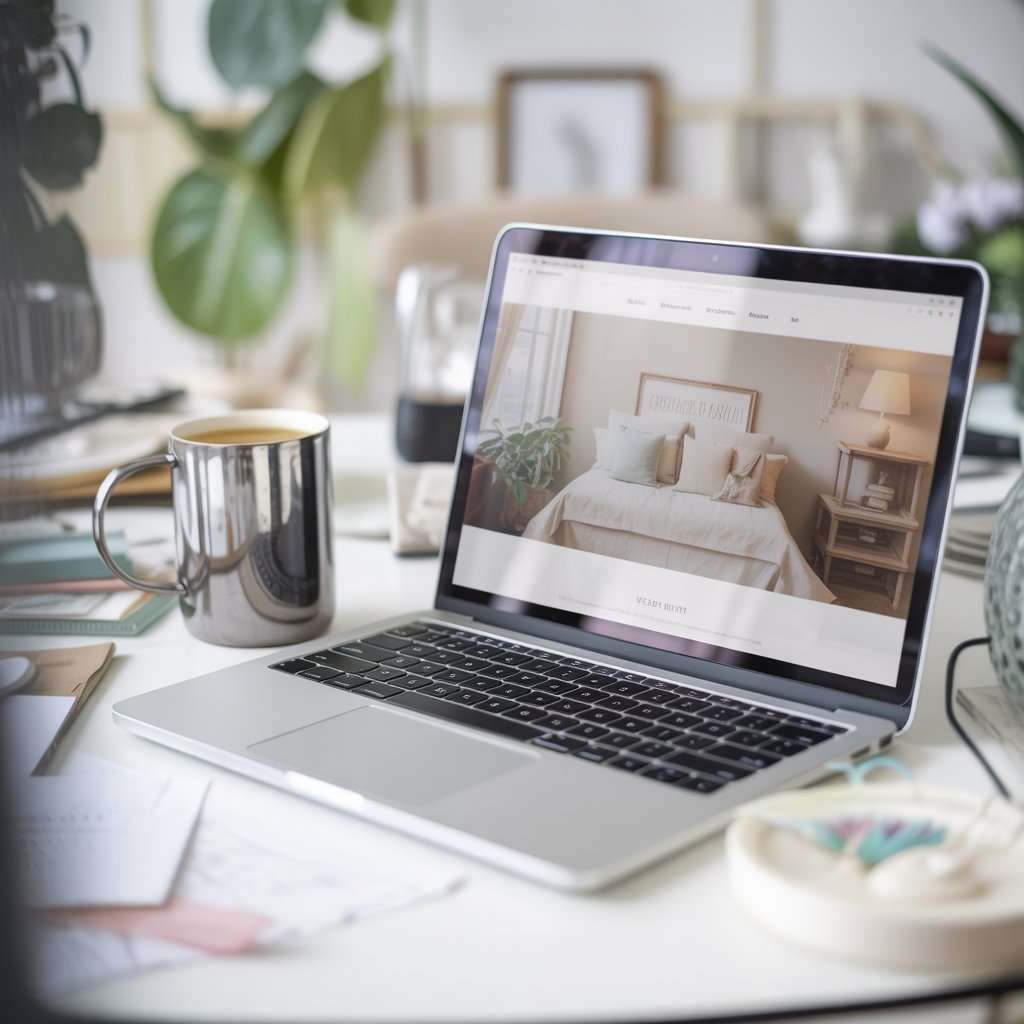 how to start a blog on your website Laptop showing a clean blog layout on a calm, uncluttered desk.