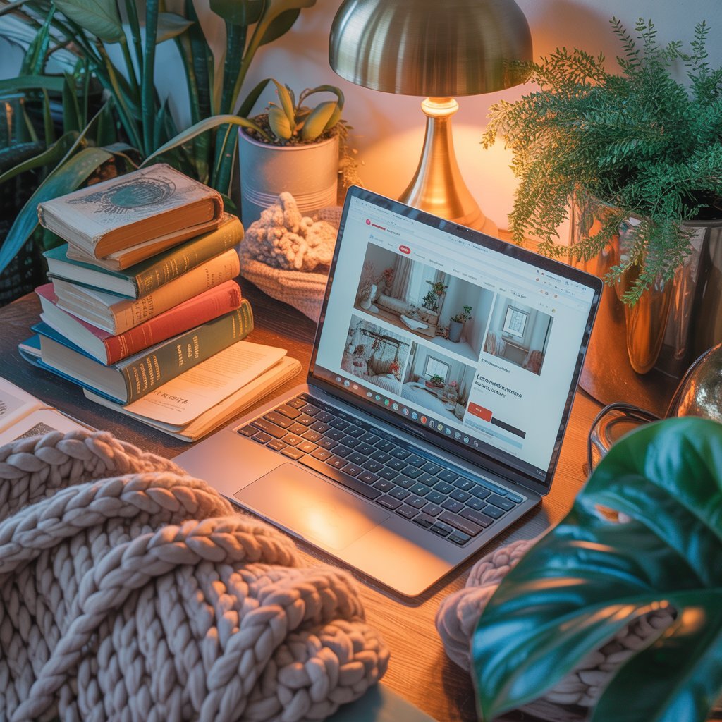 What to include on a website Cosy corner with a laptop open to a blog style layout, books and plants in warm afternoon light.