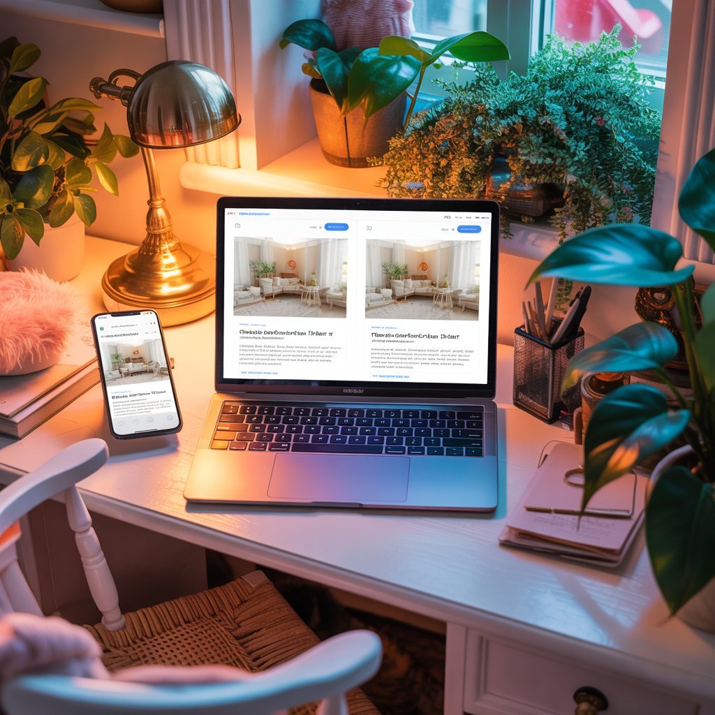build a website without a designer Laptop and phone showing website templates in a calm home office corner with plants.