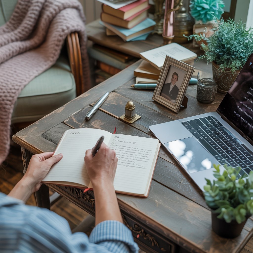 What to include on a website Notebook and laptop on a vintage desk while drafting an About page in a cosy home setting.