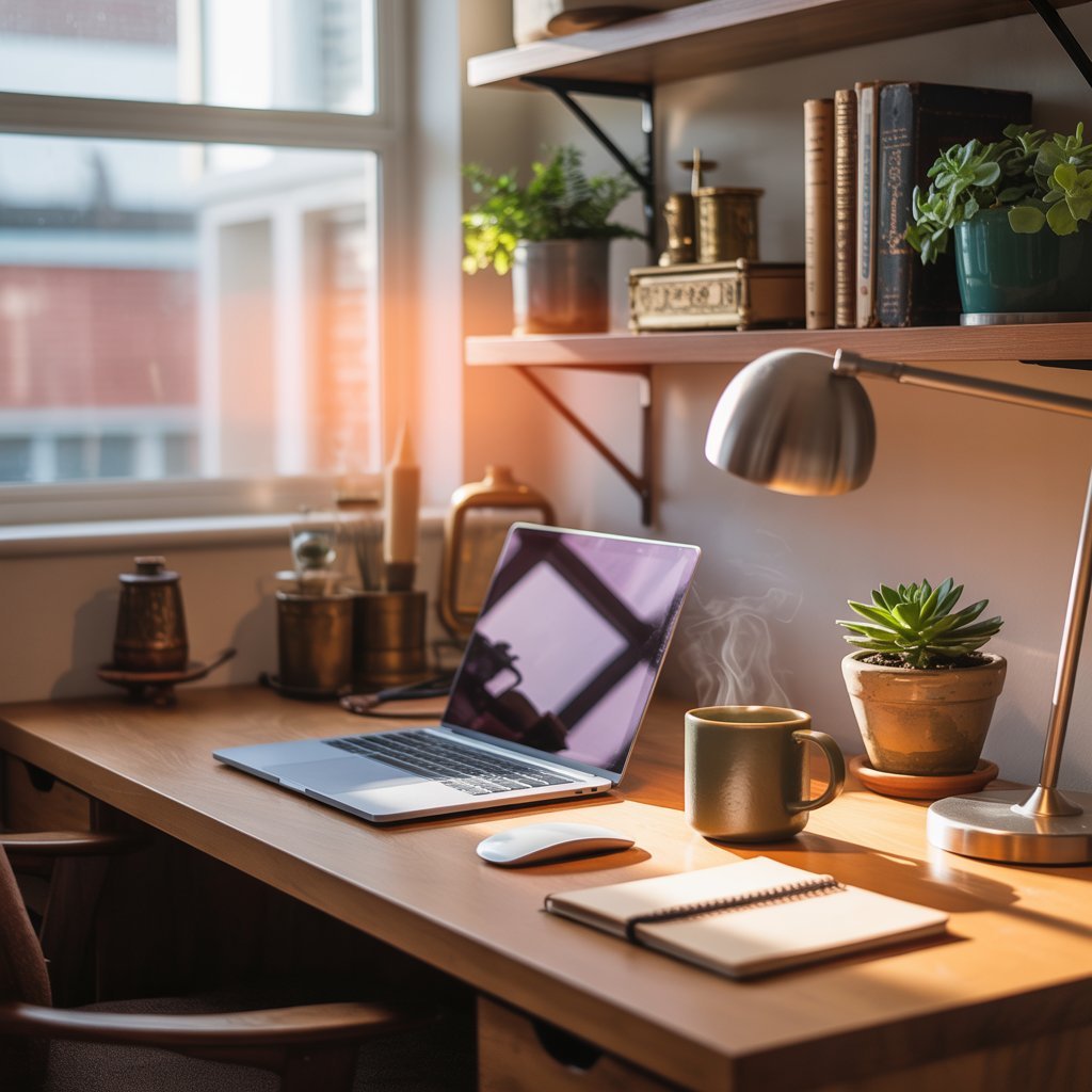 how much does a website cost in the uk. Calm home office desk with a laptop, notebook, tea and small plant in a cosy cottage style room with warm natural light.
