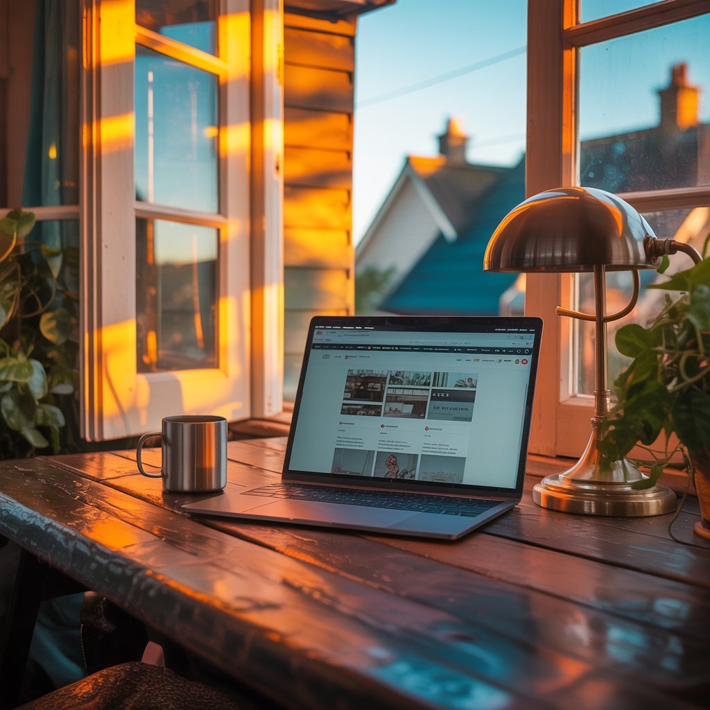 What to include on a website Laptop on a wooden table showing a simple homepage layout in warm evening light.