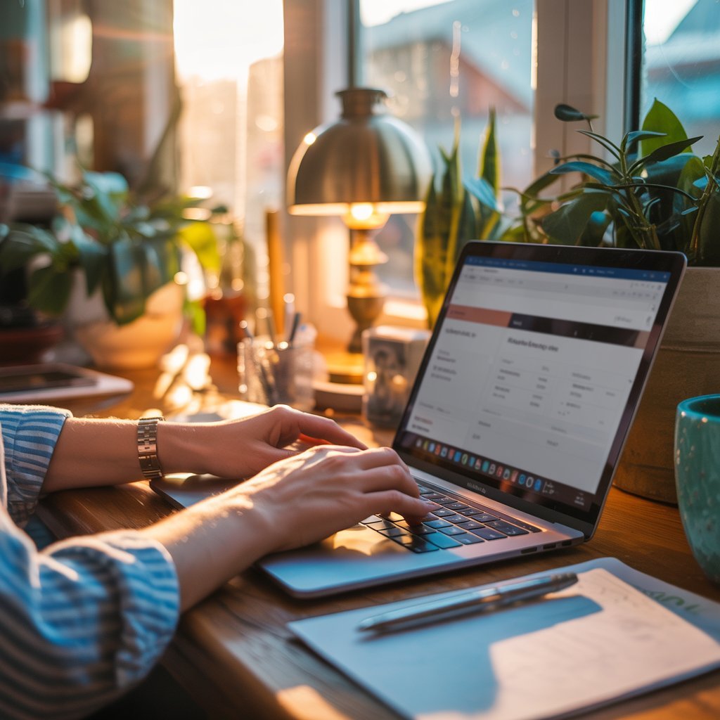 how to start a blog on your website Hands setting up a blog page on a laptop in warm evening light.